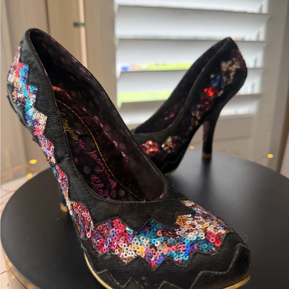 Poetic License by Irregular Choice Women's Black Sequin Zigzag High Heels, 39/8 - Picture 3 of 14